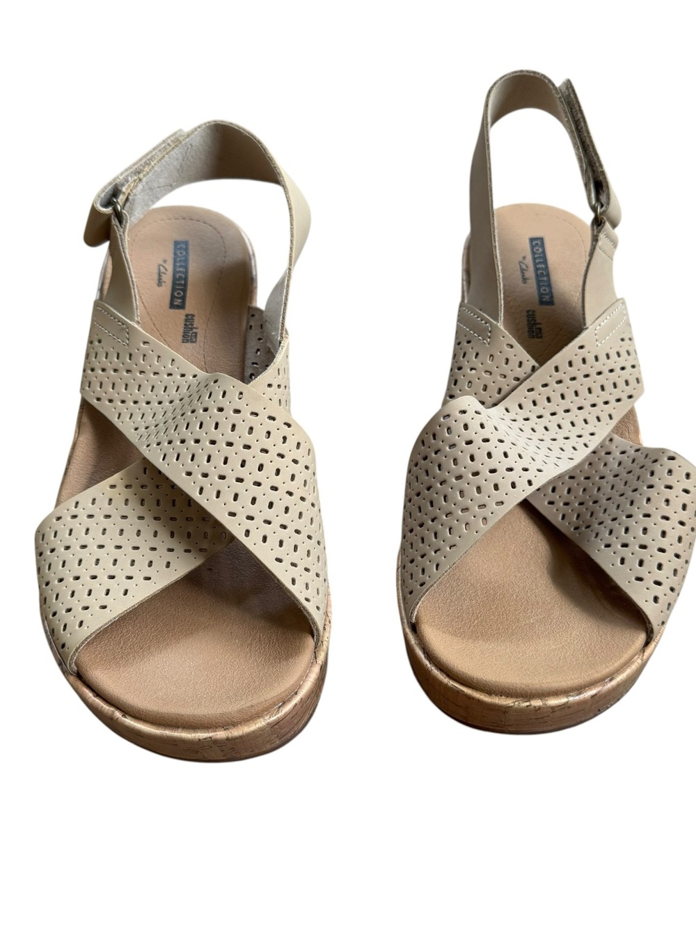 Clarks Annadel Parker Tan Suede Crisscross Peep Toe Wedge Cork Heel Women’s Sz 7